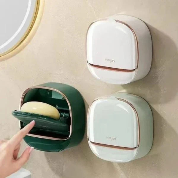 Wall Mounted Soap Holder with Lid and Tray(Comes with Free Self Adhesive Wall Hook)